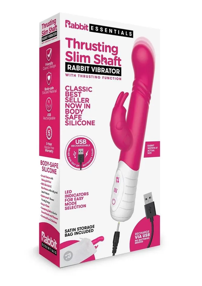 Rabbit Essentials Rabbit Essentials Silicone Rechargeable Slim Shaft Thrusting GSpot Rabbit Vibrator Female Sex Toys